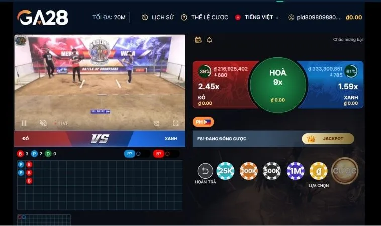 Giao diện cá cược Đá Gà GA28 Tại 9Club