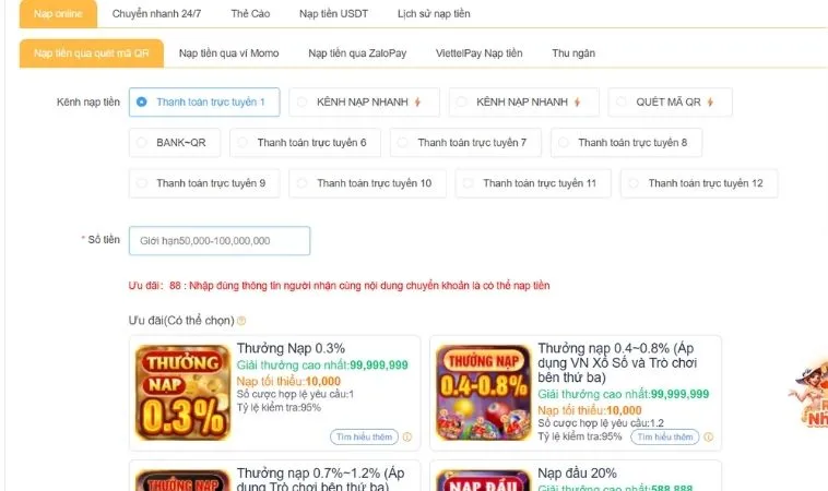 Giao diện nạp tiền 9Club